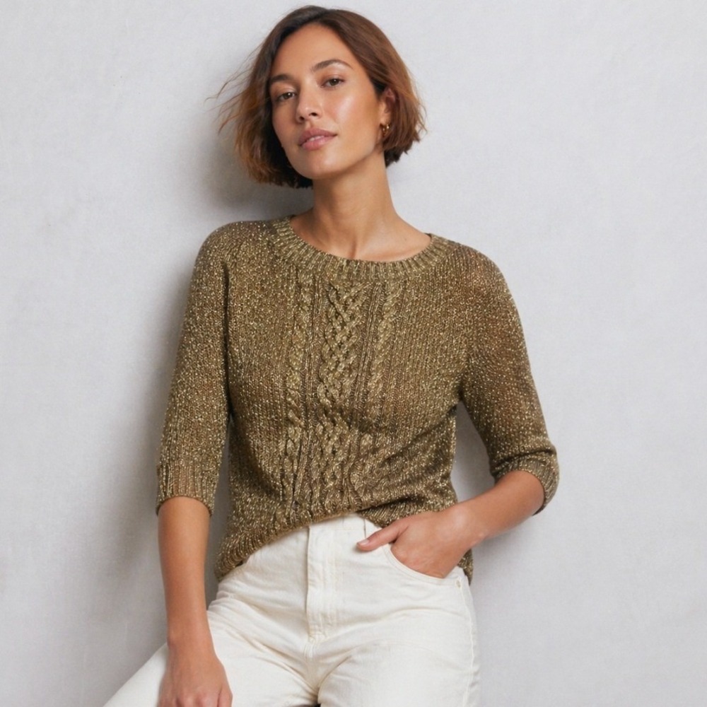 Lauren Ralph Lauren Gold Metallic 3/4 Sleeve Cable Sweater Small